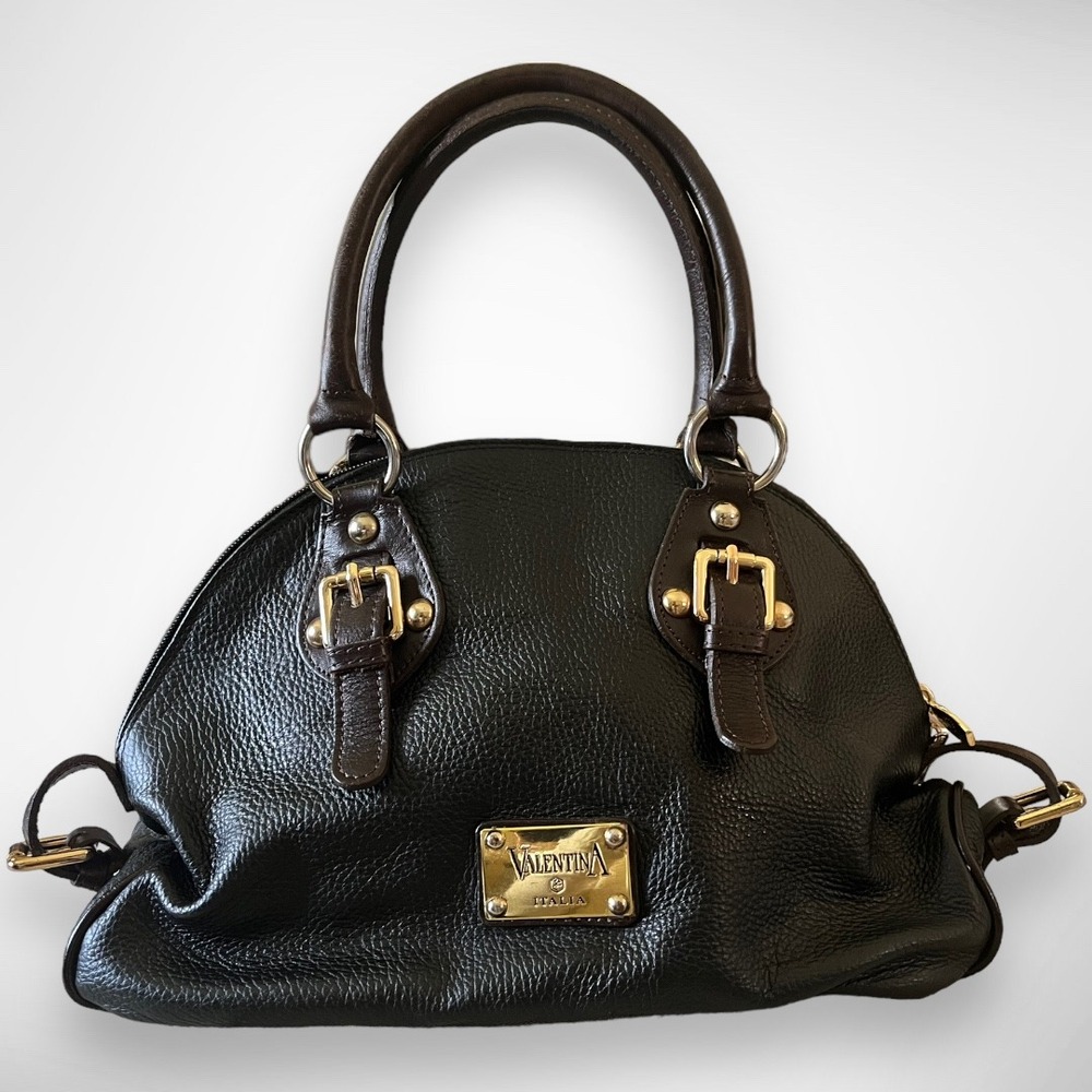 VALENTINA ITALIA Black Blue Pebbled Leather Satchel‎ With Gold Hardware | EUC